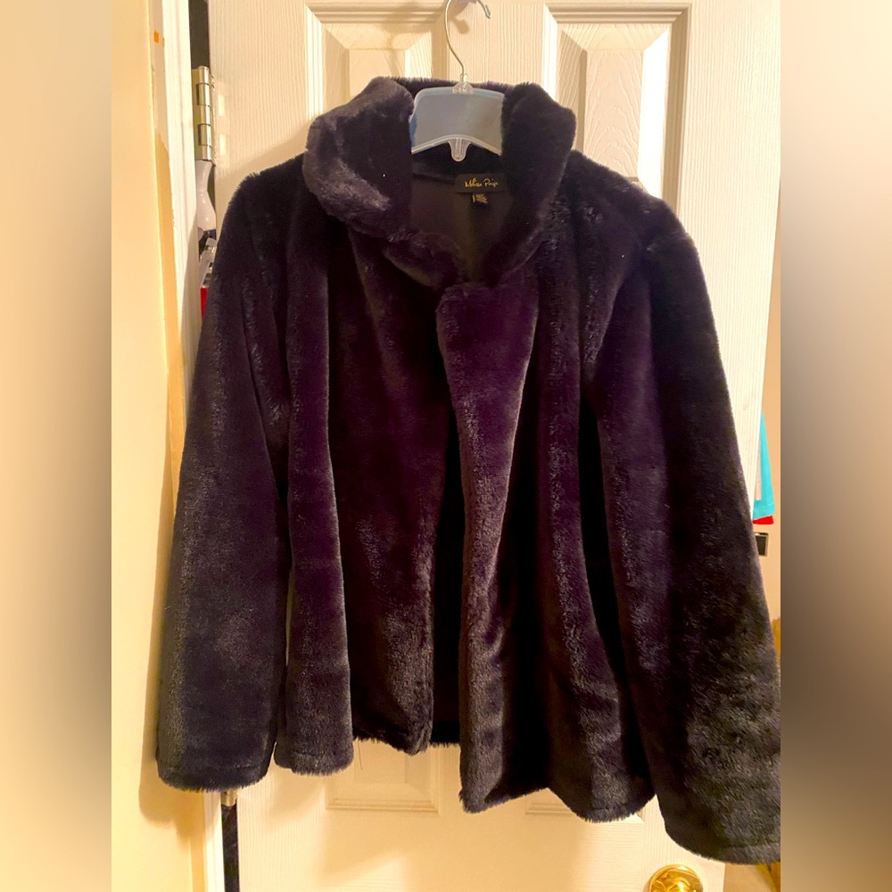 Black faux fur coat. Size L